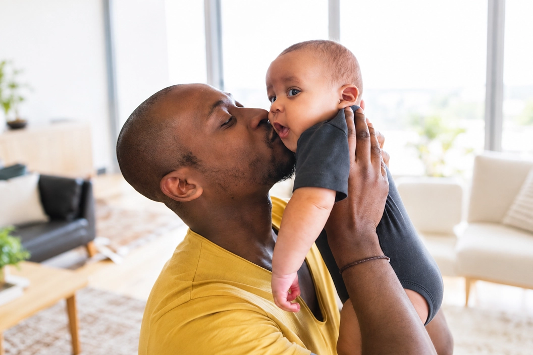 Parent holding a smiling baby